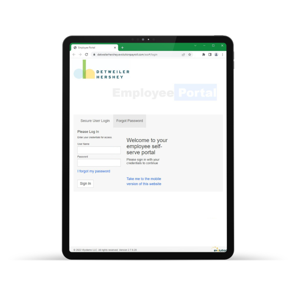Electronic tablet displaying the Detweiler Hershey employee login portal on the screen